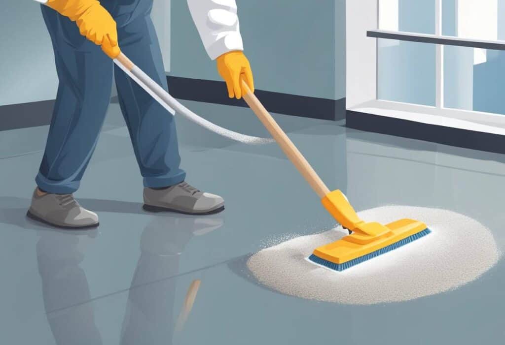 A person applies concrete floor cleaner with a mop, evenly coating the surface