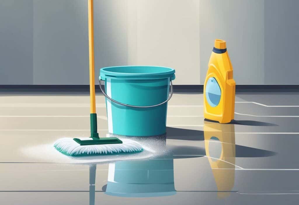 A bucket of soapy water, a scrub brush, and a mop sit next to a spray bottle of concrete floor cleaner