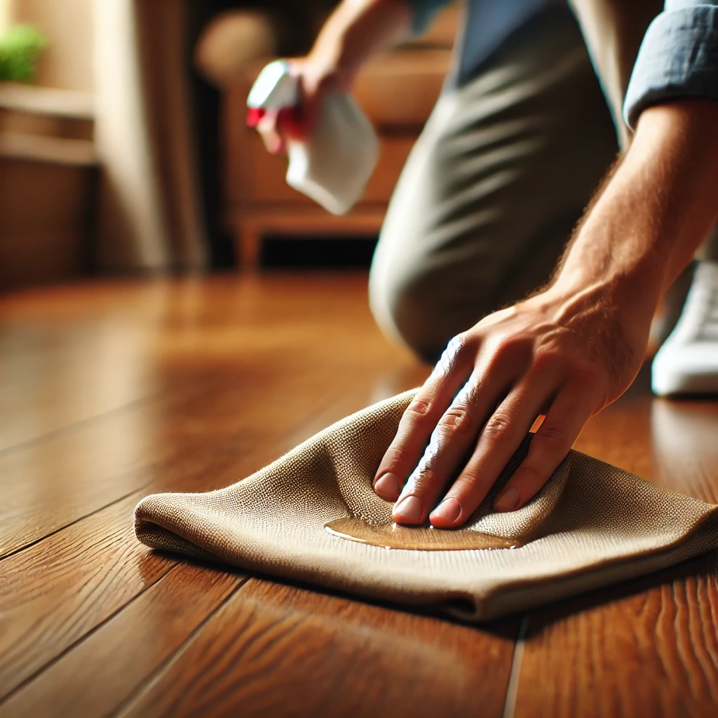 a person cleaning a small spill on a hardwood floor with a soft cloth