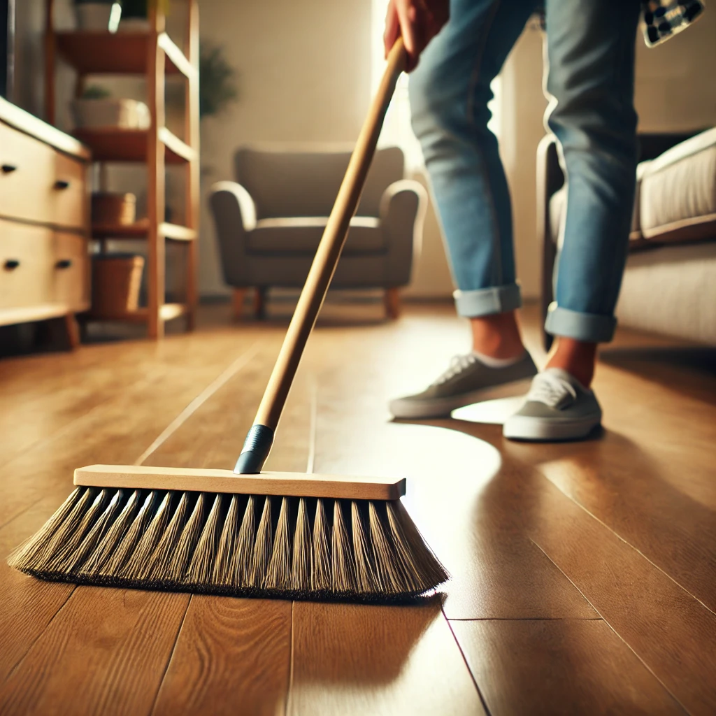 a person sweeping a hardwood floor with a soft-bristle broom