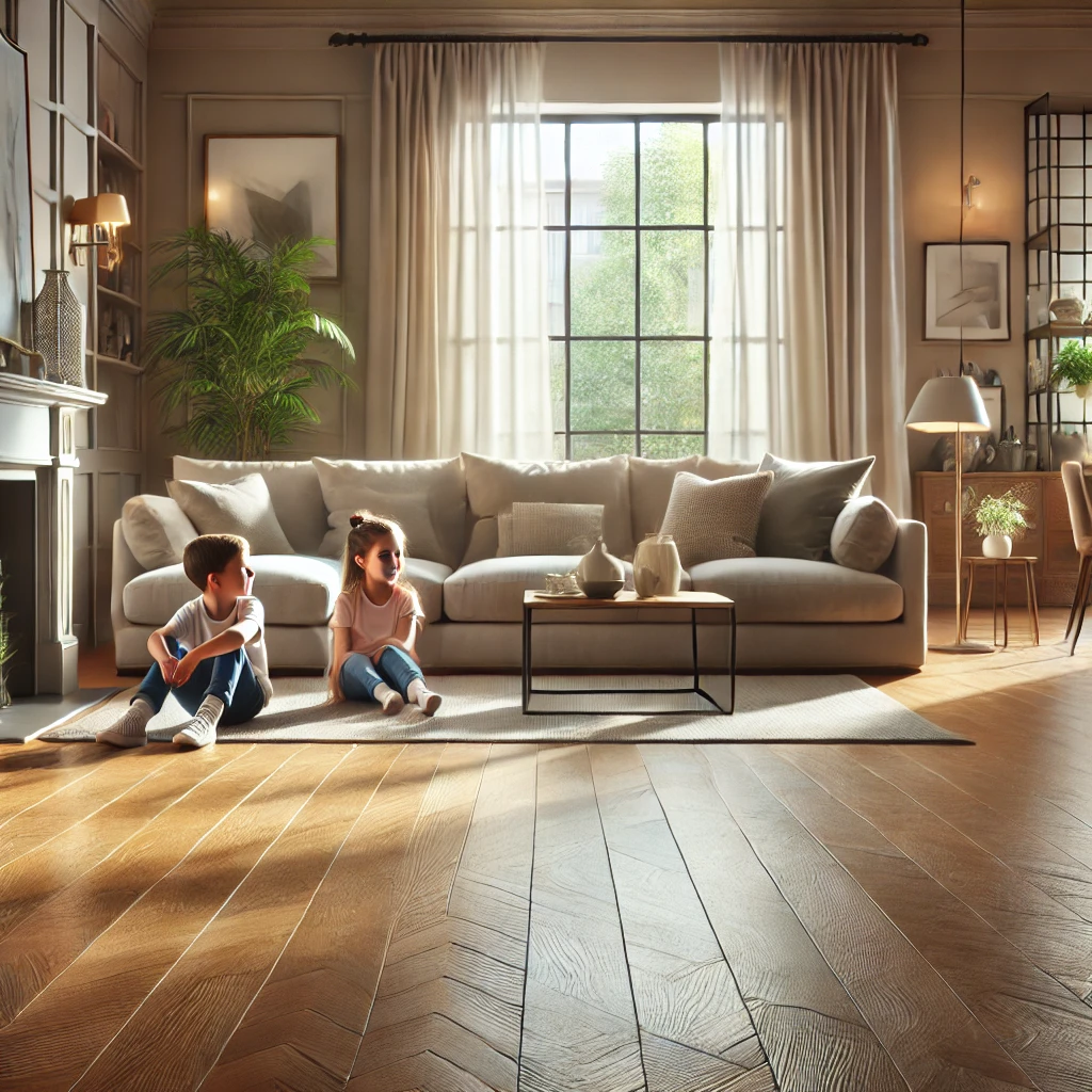 enjoying their living room with spotless prefinished hardwood floors