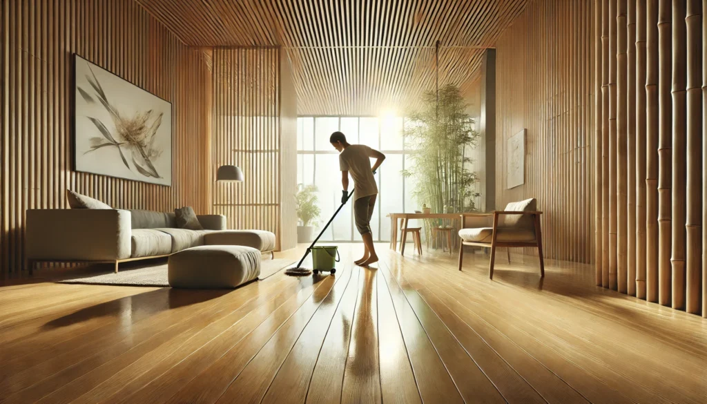 Wide-angle-image-showing how to clean bamboo floors as a person uses a gentle cleaner and microfiber mop on natural bamboo flooring in a bright modern space.