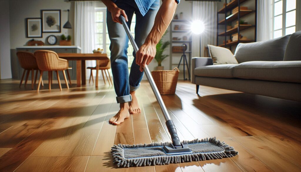 A person mopping engineered flooring with a microfiber mop, ensuring minimal moisture is left behind