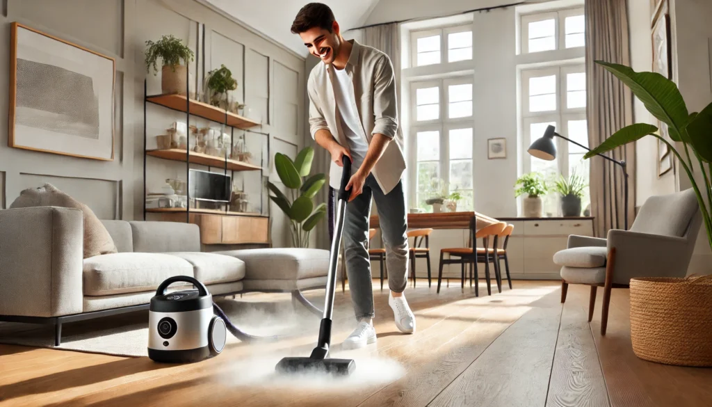 Smiling person using a steam cleaner for floor in a modern, bright living room.